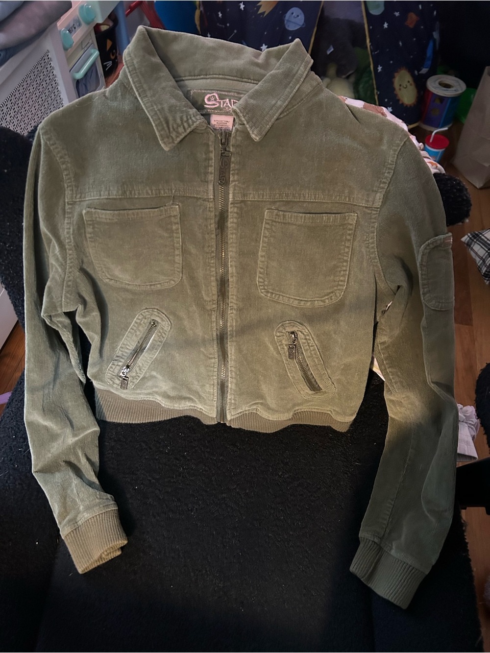 Vintage Cropped Corduroy Jacket Army Green Y2K Utility Bomber